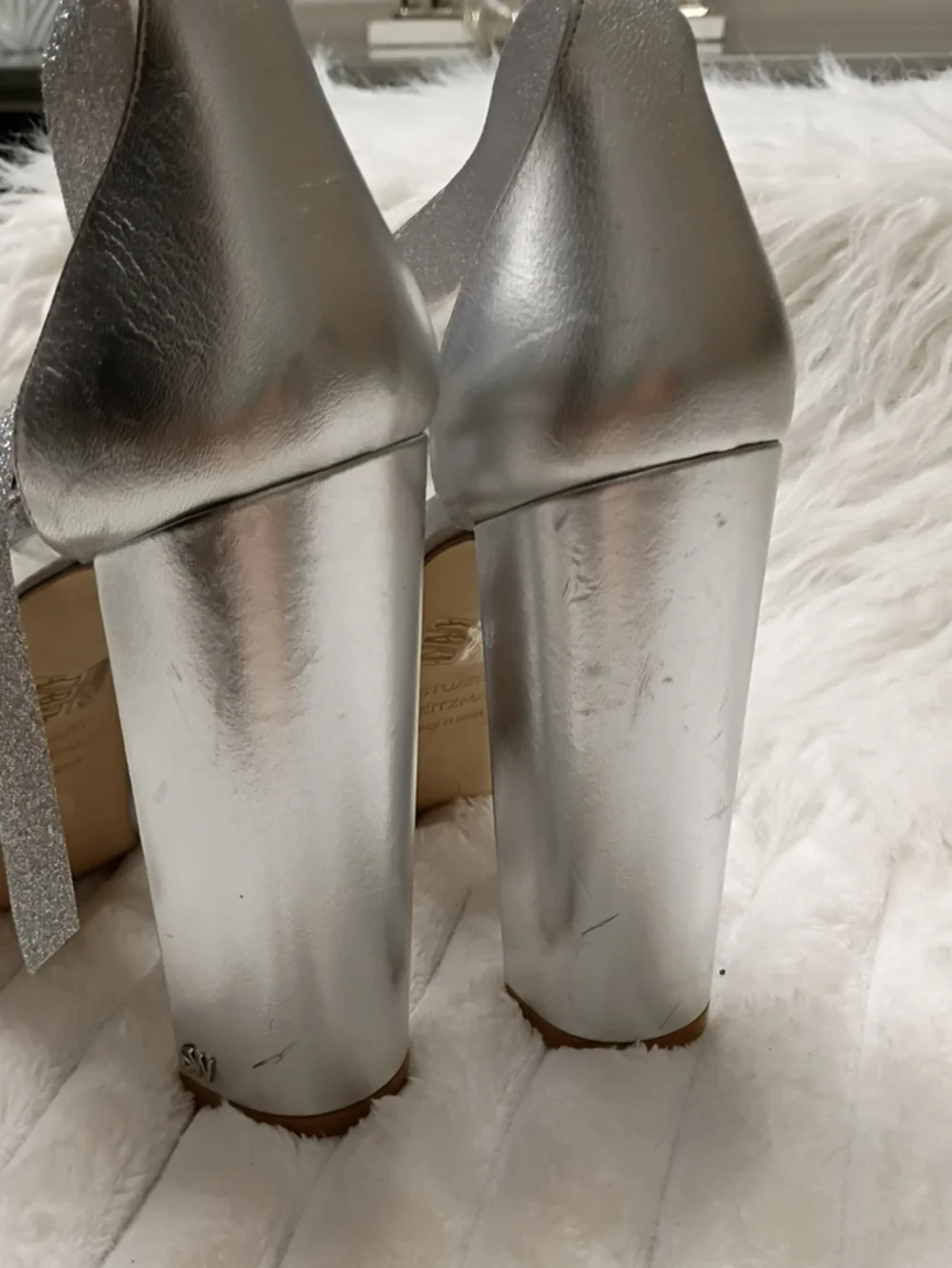 Stuart Weitzman Sabrina Silver High Block Heel Platform Sandals New W/Flaws